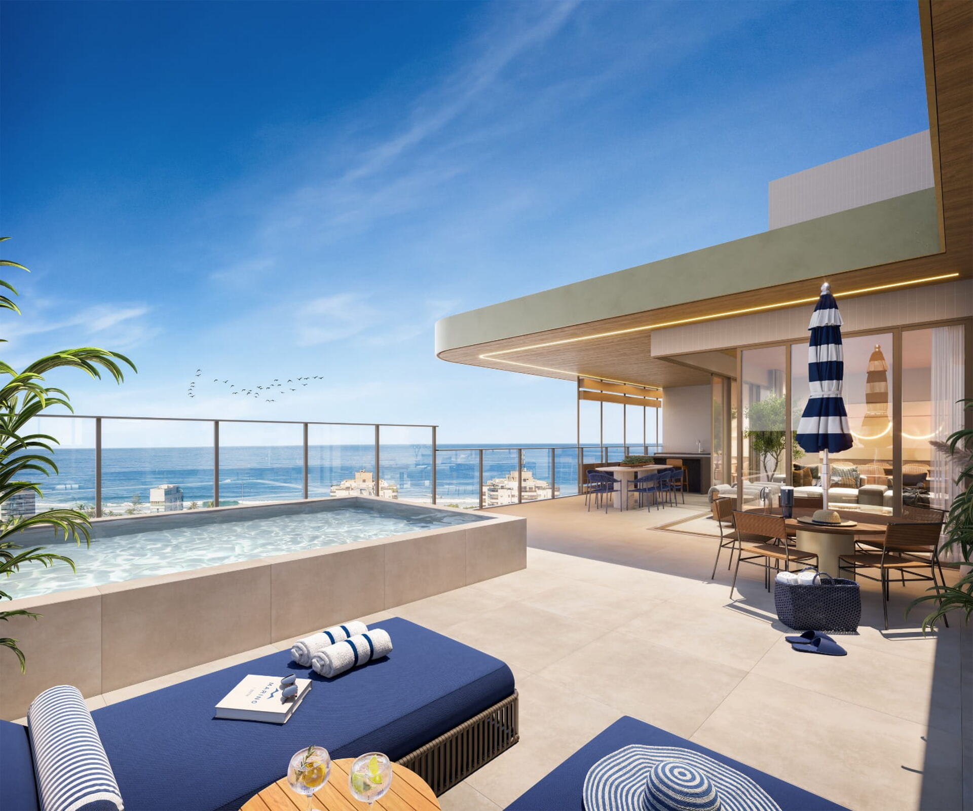 Terraço de cobertura linear com piscina privativa e vista para o mar