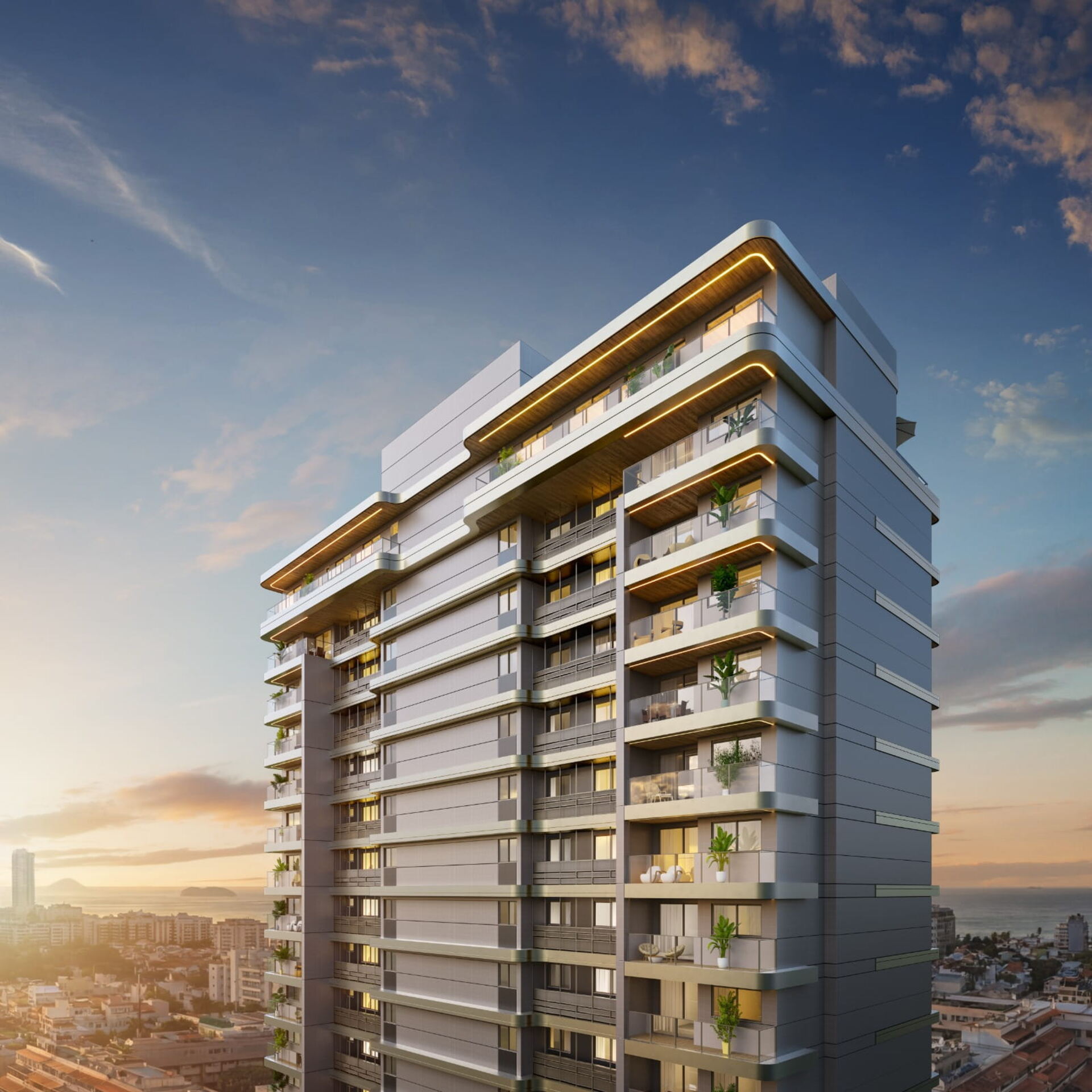Fachada do Marino by Breton ao entardecer, vista da cobertura para a Barra da Tijuca