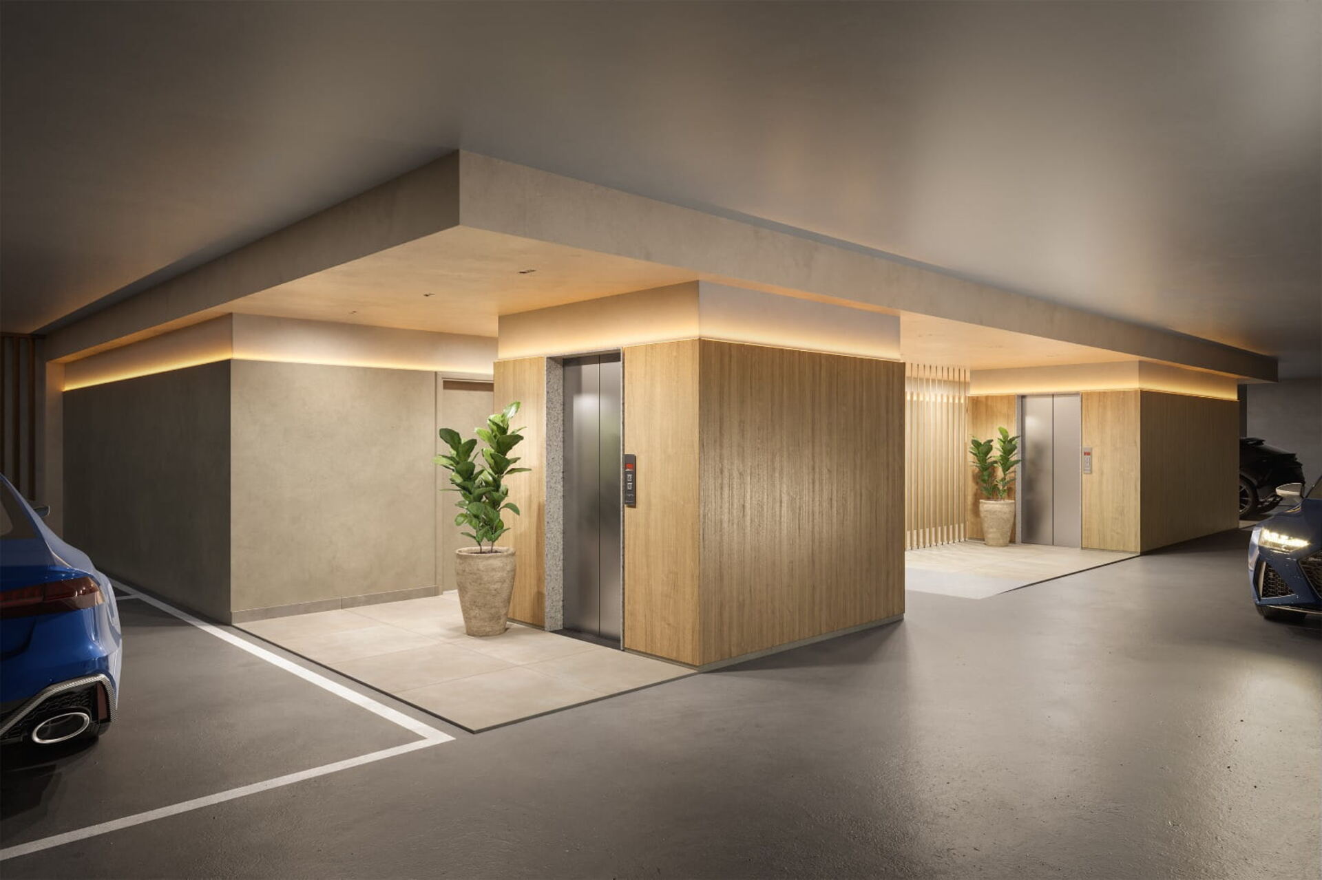 Hall de elevadores da garagem, com acabamento em madeira