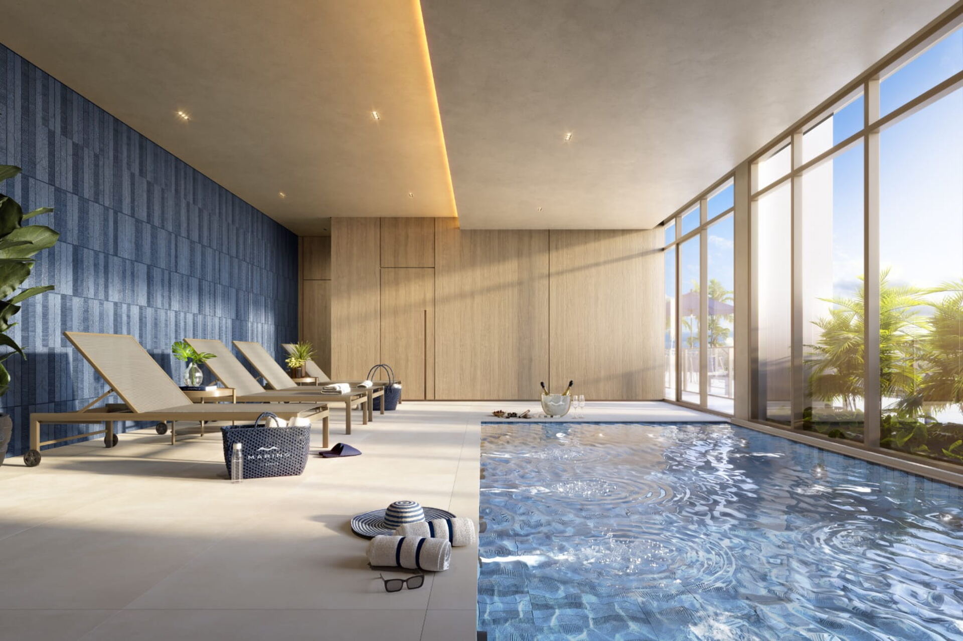 Piscina de spa aquecida com espreguiçadeiras e vista para o jardim