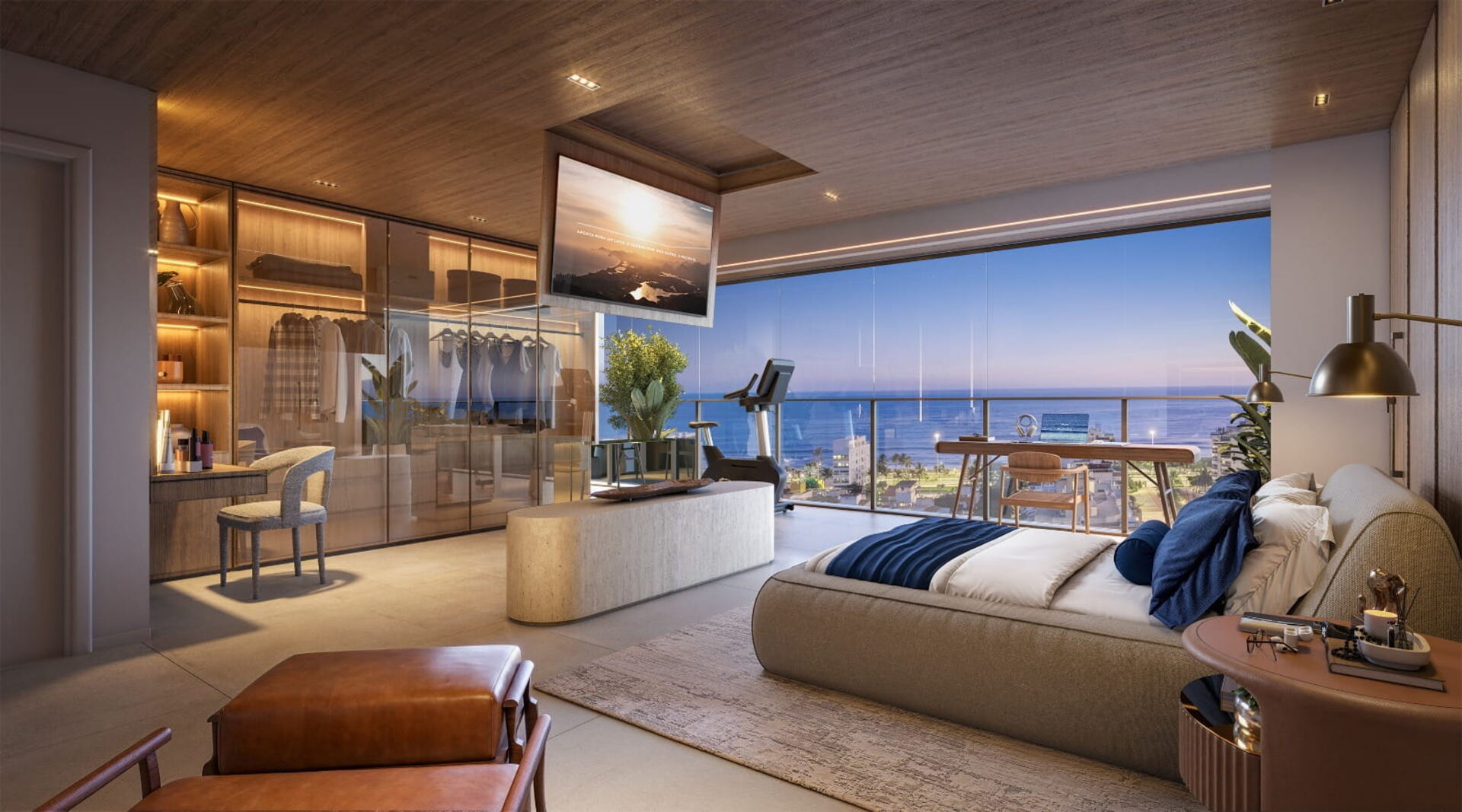 Suíte master com closet integrado e vista para o mar ao entardecer